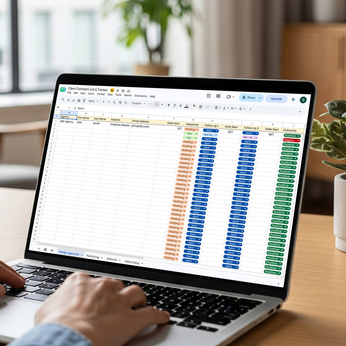 Client outreach tracker spreadsheet for managing prospects, follow-ups, responses and outcomes